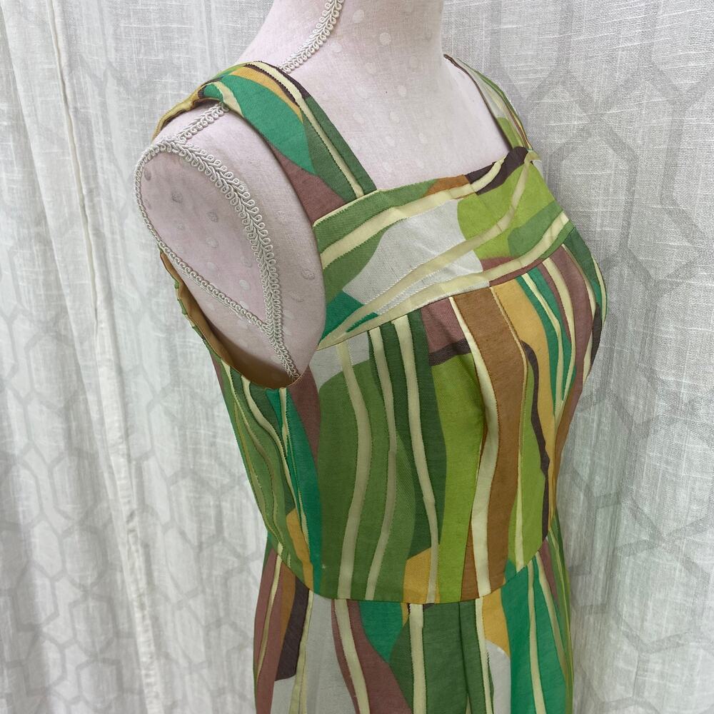 Kay Unger Cocktail Dress Size 8 Green‎ Brown Abstract Linen Blend Semi Formal - Picture 14 of 15